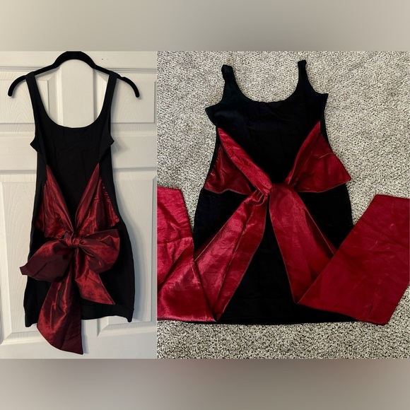 QUONTUM England M Vintage 80’s Tank Stretch Dress Big Red Iridescent Bow Accent - Picture 2 of 14